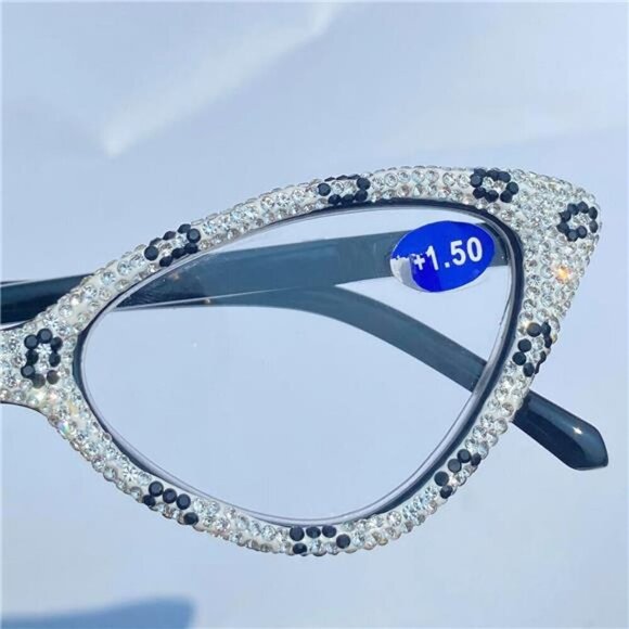 White Rhinestone Cat-Eye Glasses Vintage Frames with Black Leopard X1.0 Magnify - Picture 5 of 7